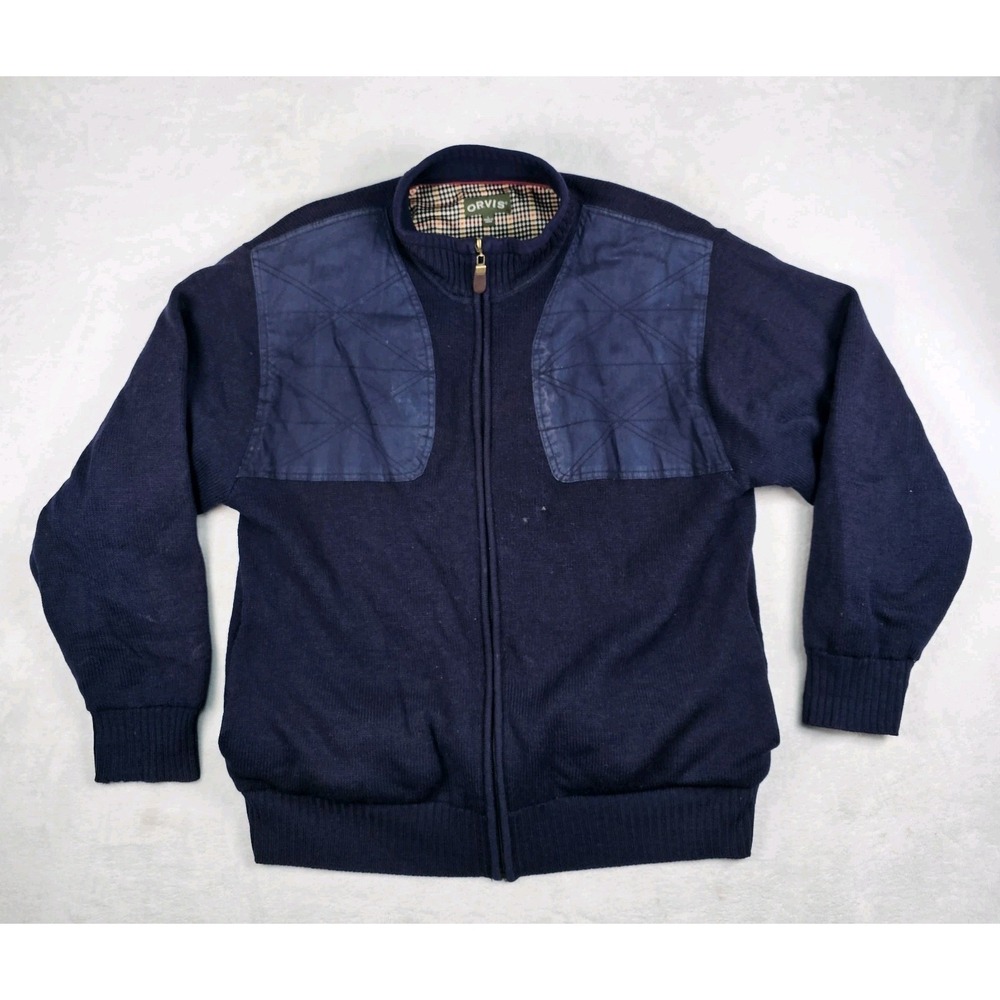 Orivis Jacket Mens L Knit Wool Full Zip Shooting Lined Hunting Cardigan Patch